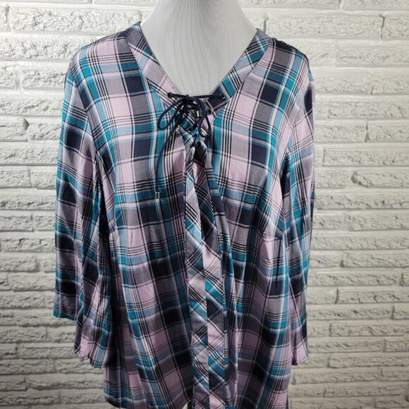 Cato Est 1946 Women Top 18W 20W Lace Up 3/4 Sleeve Blue Plaid PLA56E - Picture 3 of 8